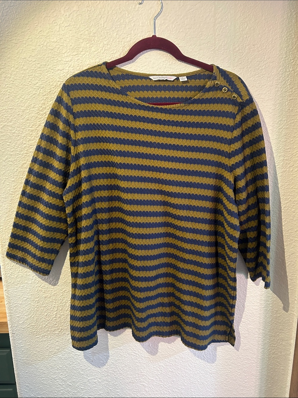 Isaac Mizrahi Live Striped Olive and Navy Women’s Three Quarter Sleeve Knit Top